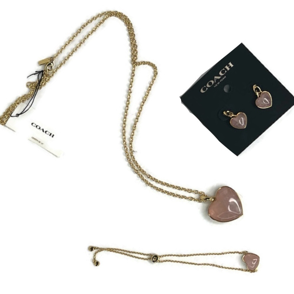 Coach Heart Carved Pink Quartz Necklace Earring and Bracelet Set - Picture 3 of 16